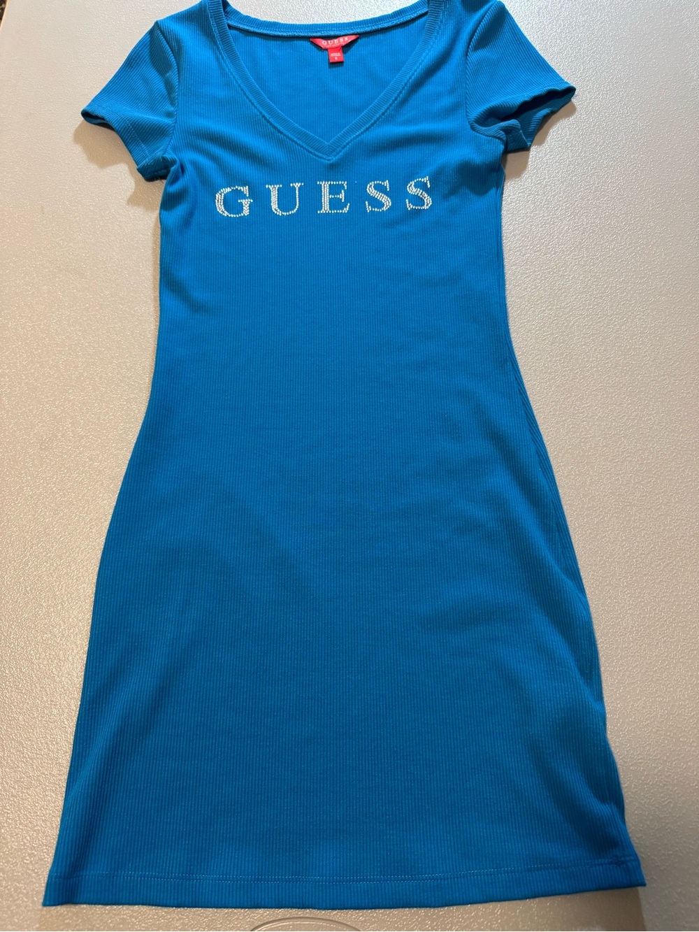 Guess Blue V-Neck Short Sleeve Rhinestone Logo Mini Dress Small